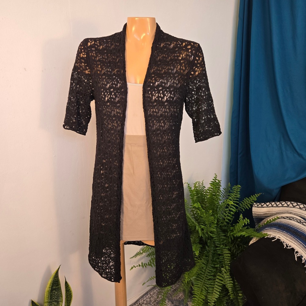 Eileen Fisher Cardigan Womens XS Black Wool Lace Pointelle Open‎ Duster Office